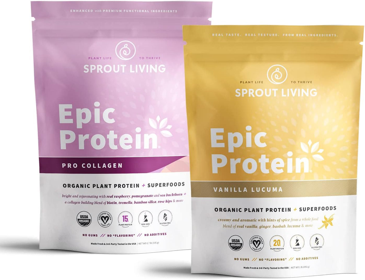 Sprout Living Epic Protein Bundle - Vanilla Lucuma & Pro Collagen (20g Organic Plant-Based Protein Powder, Vegan, Gluten Free, Superfoods) | 1lb, 12 Servings