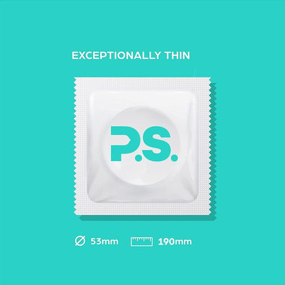 PS Condoms Exceptionally Thin Latex Condoms, Clean & Odorless, 12 Pack | Individually tested, 0.045 mm natural rubber, 40% thinner, lubricated, vegan, and free of PFAS, gluten, glycerin and parabens