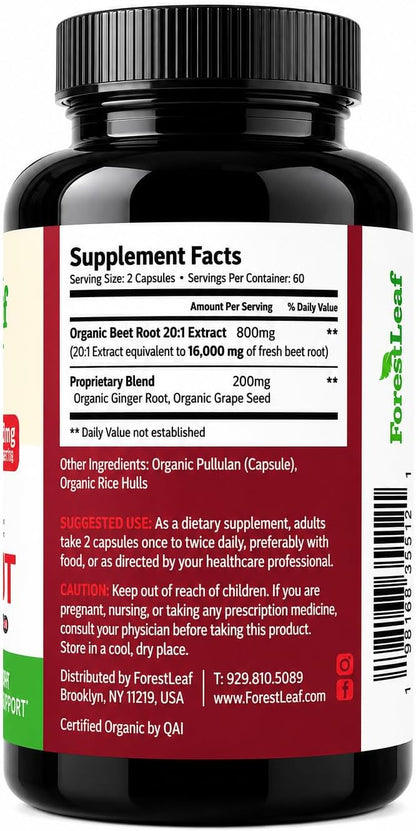 ForestLeaf USDA Organic Beet Root Capsules - Beetroot Supplement 1000mg 20:1 Extract w/Ginger Grape Seed - Support Blood Pressure, Nitric Oxide, Flow, Circulation - Made in USA - 120 Caps