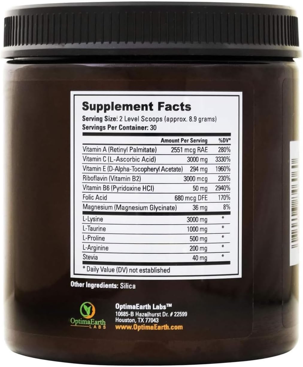 OptimaEarth Optima Heart - High-Dose Vitamin C and L-Lysine Powder Inspired by Linus Pauling, 3,000mg Each Per Serving, 30 Servings