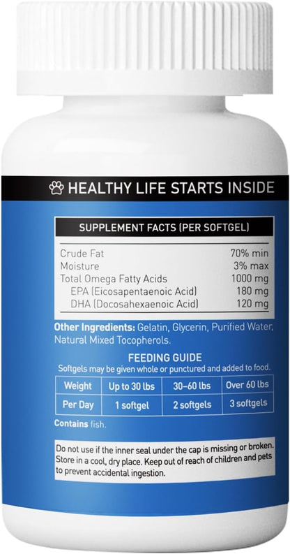 Omega-3 Fish Oil for Pets, High Potency EPA & DHA, Supports Shiny Coat & Immune Defense, 100 Softgels, Human Grade, GMO-Free, No Additives