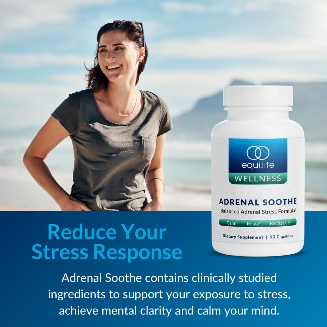 Equilife Adrenal Soothe - Balance Cortisol & Sleep Support - 90 Capsules | Ashwagandha | L-Theanine | Mental Health Support | Supplements for Men & Women | Gluten Free | Vegan | Dairy Free | Non-GMO