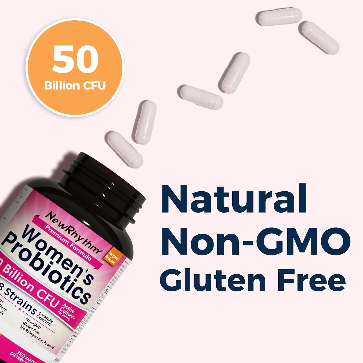 NewRhythm Women's Probiotics, Organic Cranberry, 50 Billion CFU 18 Strains, Probiotics with Prebiotics, Support Digestive Health, No Refrigeration Needed, Non-GMO, No Soy, 60 Vegan Capsules, No Dairy
