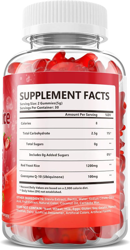 Red Yeast Rice Gummies 1200mg with CoQ10 100mg, Red Yeast Rice Supplement | Supports Cellular Energy Production and Natural Antioxidant Defense, Vegan, Gluten-Free, Strawberry Flavor, 60 Count