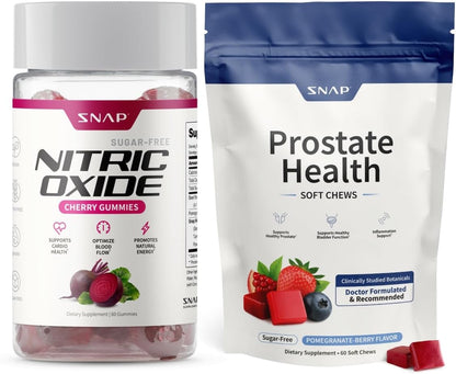Snap Supplements Nitric Oxide Beet Root Gummies + Prostate Health Soft Chews, 60 Cherry Gummies + 60 Sugar-Free Pomegranate Berry Soft Chews