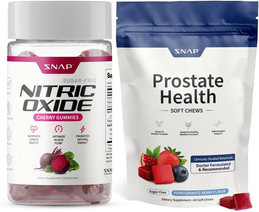 Snap Supplements Nitric Oxide Beet Root Gummies + Prostate Health Soft Chews, 60 Cherry Gummies + 60 Sugar-Free Pomegranate Berry Soft Chews