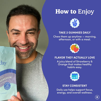 FIRST DAY Calm Magnesium Gummies for Men, L-Theanine, Melatonin-Free, 60ct | Vegan strawberry citrate magnesium for men with L-theanine and Zembrin; melatonin-free nighttime relaxation support.