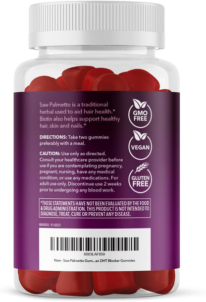 Saw Palmetto Gummies for Women, Raspberry, 60ct, 2500mcg Biotin | DHT Blocker & Hair, Skin, Nail Health Gummies, Supports Stronger-Looking Hair, Raspberry Flavor, 1 Month Supply