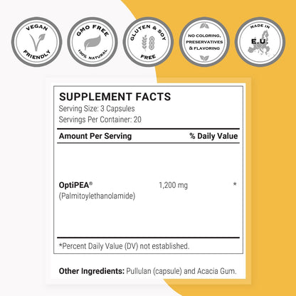 Supersmart - 99% Pea Supplement PalmitoylEthanolAmide 1200 mg per Day - with OptiPEA - Natural Supplement - General Health & Neuropathy Support | Non-GMO & Gluten Free - 60 Vegetarian Capsules