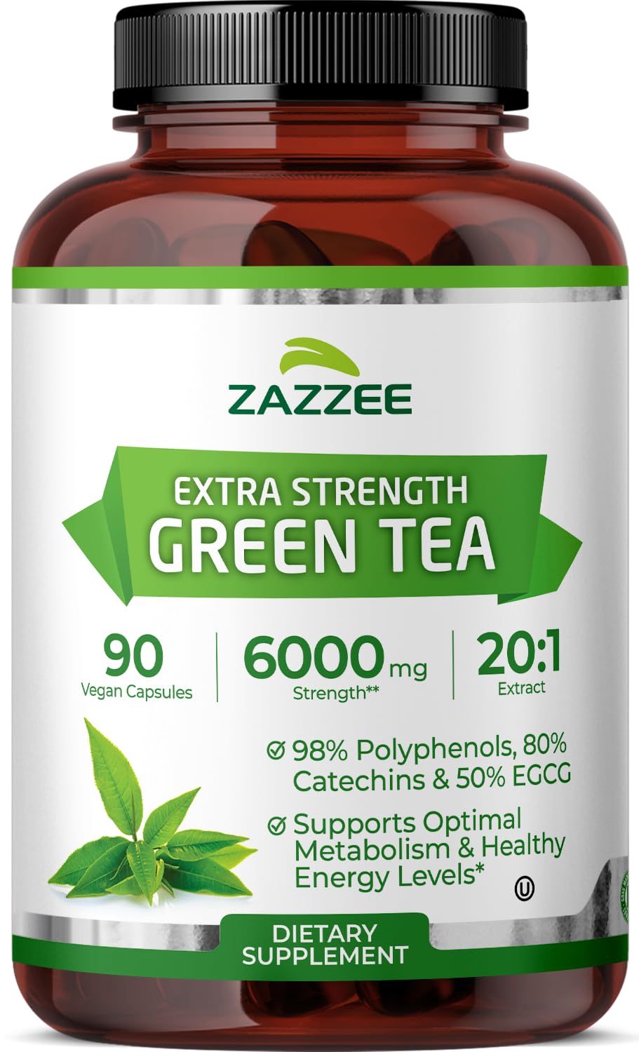 Zazzee Extra Strength Green Tea 20:1 Extract, 50% EGCG, 98% Polyphenols, 80% Catechins, 150 Vegan Capsules, 5 Month Supply, Certified Kosher, Antioxidant & Metabolism Support, Non-GMO, Made in the USA