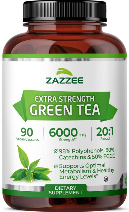 Zazzee Extra Strength Green Tea 20:1 Extract, 50% EGCG, 98% Polyphenols, 80% Catechins, 150 Vegan Capsules, 5 Month Supply, Certified Kosher, Antioxidant & Metabolism Support, Non-GMO, Made in the USA