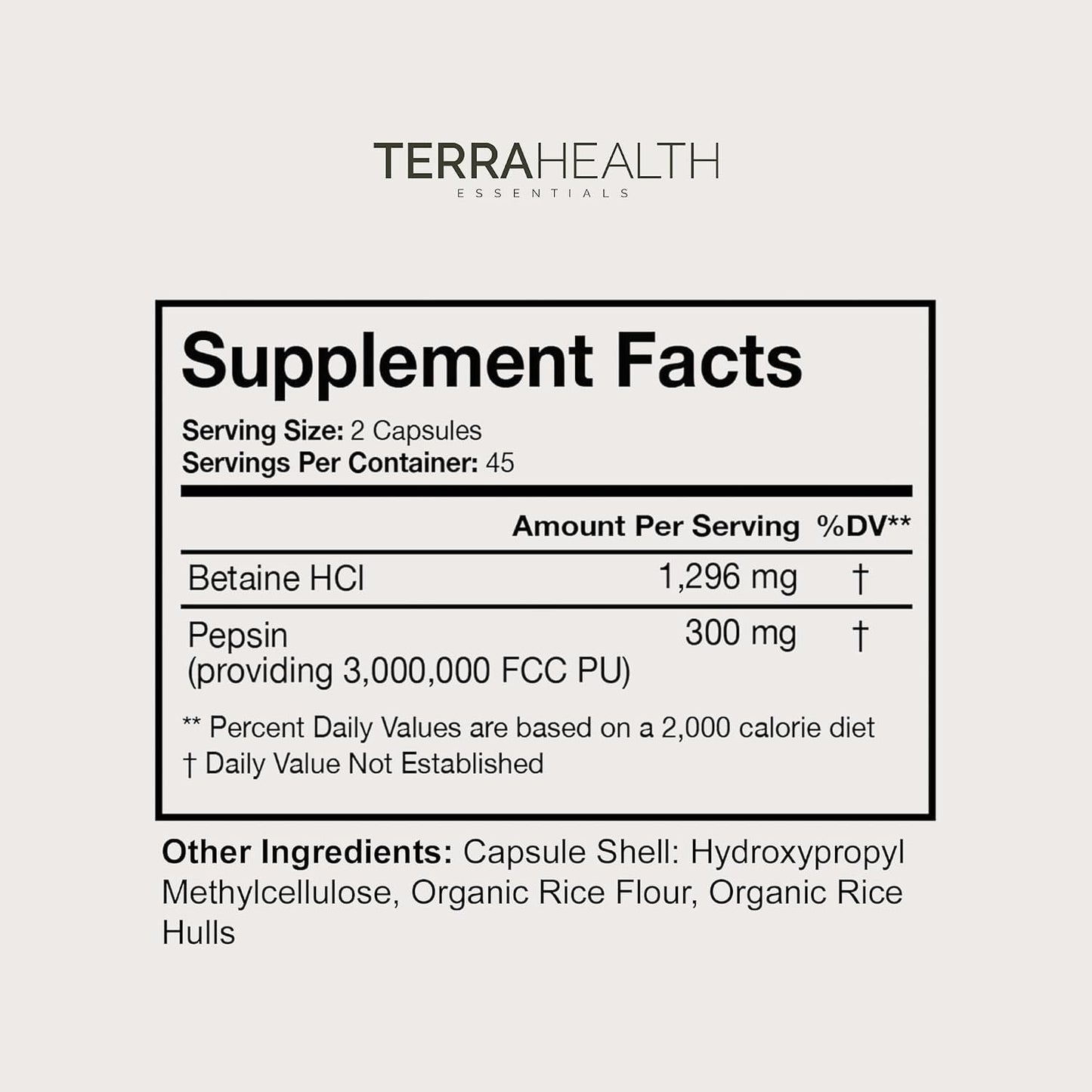 Terra Health Essentials Reflux Inhibitor - Daily Digestive Support Supplement for Efficient Digestion, Nutrient Absorption & Acid Balance - Betaine HCl with Pepsin - 30-Day Supply, 90 Capsules