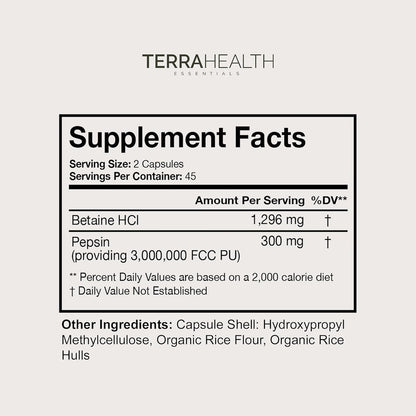 Terra Health Essentials Reflux Inhibitor - Daily Digestive Support Supplement for Efficient Digestion, Nutrient Absorption & Acid Balance - Betaine HCl with Pepsin - 30-Day Supply, 90 Capsules