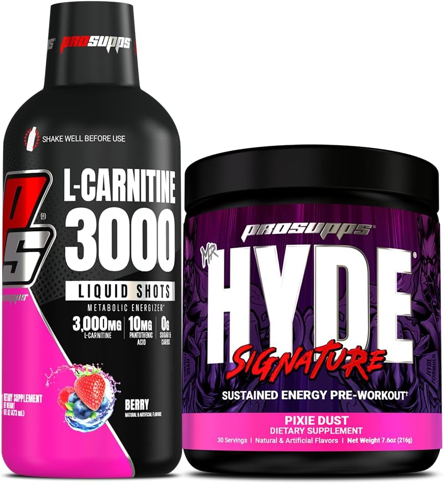 ProSupps L-Carnitine 3000 Stimulant Free Liquid Shots (31 Servings, Berry) and Mr. Hyde Signature Series Pre-Workout Energy Powdered Drink (30 Servings, Pixie Dust) Bundle