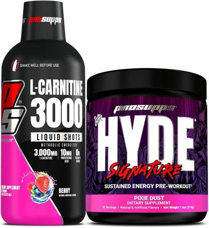 ProSupps L-Carnitine 3000 Stimulant Free Liquid Shots (31 Servings, Berry) and Mr. Hyde Signature Series Pre-Workout Energy Powdered Drink (30 Servings, Pixie Dust) Bundle