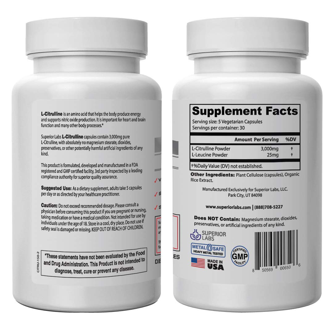 Superior Labs – Pure L-Citrulline – Free Form – Optimal 3,000mg Dosage – 150 Vegetable