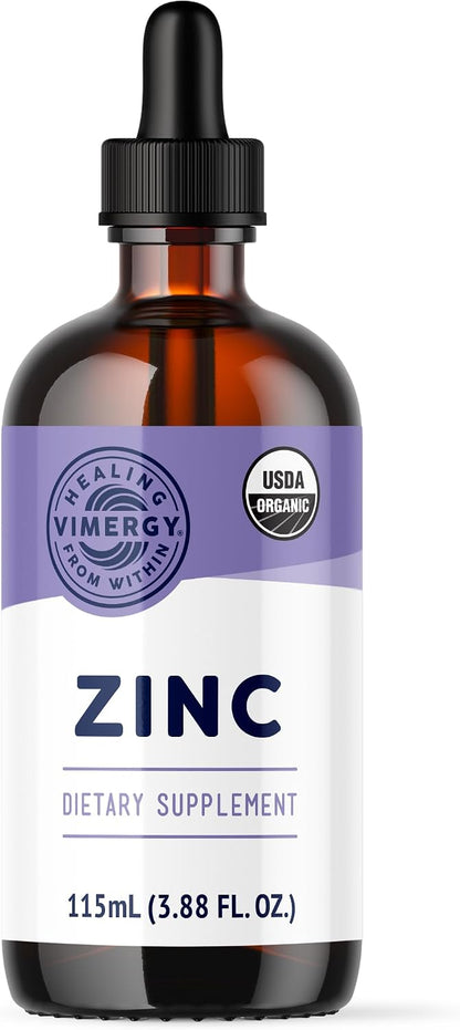 VIMERGY USDA Organic Zinc Supplements for Women & Men (7.5mg Liquid Zinc Per Serving) Fast-Absorbing Immune Support, Promotes Healthy Bones & Skin, Vegan, Up to 57 Servings (115 mL)