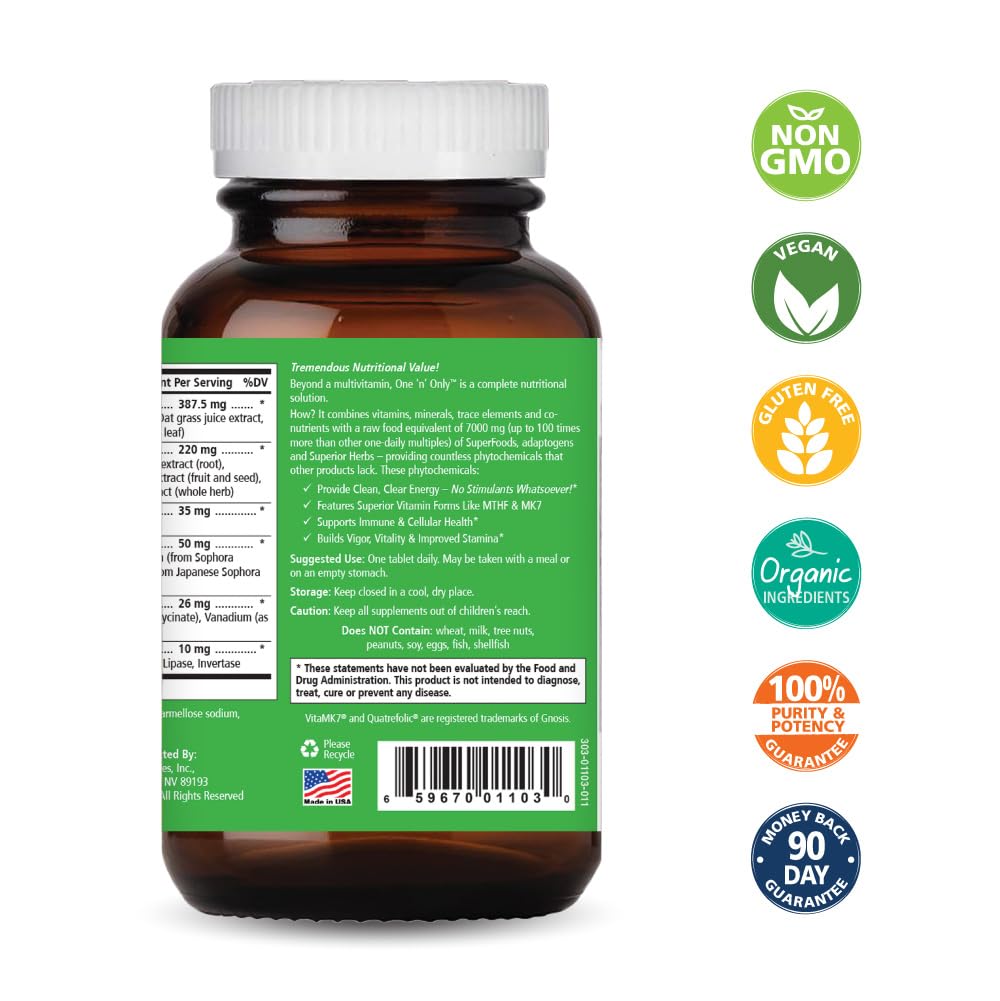 One n Only Whole Food Multivitamin by Pure Essence - Super Energetic Once a Day with Superfoods, Minerals, Enzymes, Vitamin D, D3, B12, Biotin - 90 Tablets