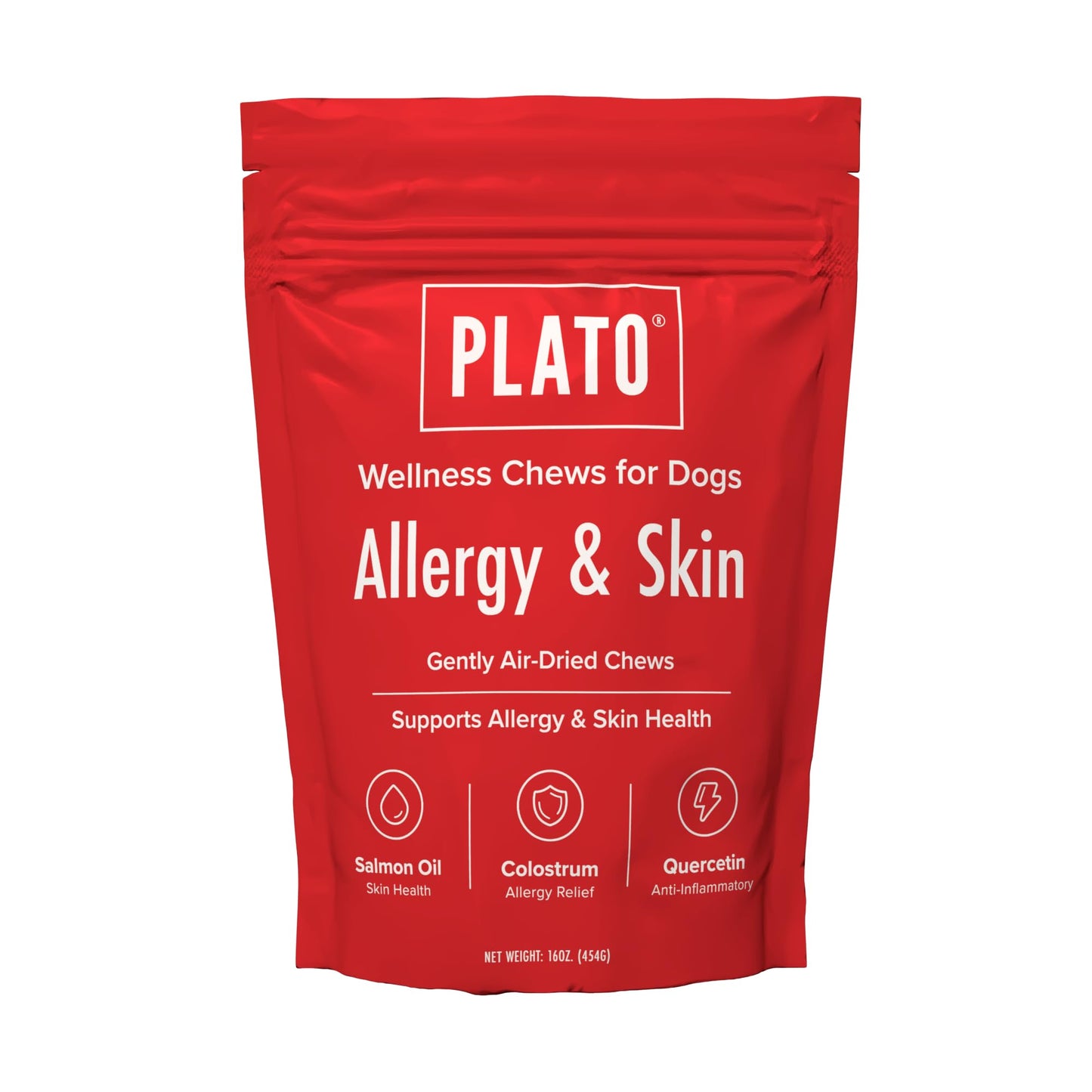 PLATO Pet Treats Air-Dried Wellness Chews for Dogs – Functional Dog Chews – Supports Skin Health & Allergy Relief – Salmon Oil, Colostrum & Quercetin Recipe 8oz