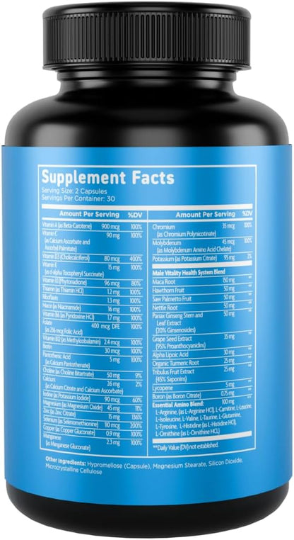 Vital Vitamins Men's Multivitamin Complex for Vitality & Performance | Complete Multivitamins with Essential Amino Blend, Maca Root, Saw Palmetto & Panax Ginseng, 60 Capsules