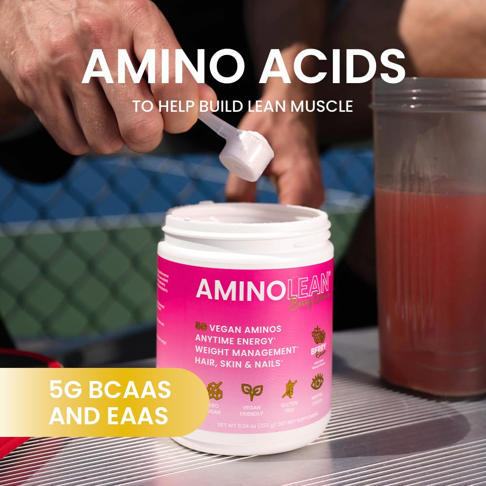AminoLean Pre Workout Powder & Natural Amino Energy with Vegan BCAA + EAA | Jitter-Free Preworkout Energy from Green Tea + Amino Acids & Weight Management for Women & Men - Vegan, Zero Sugar, No Crash