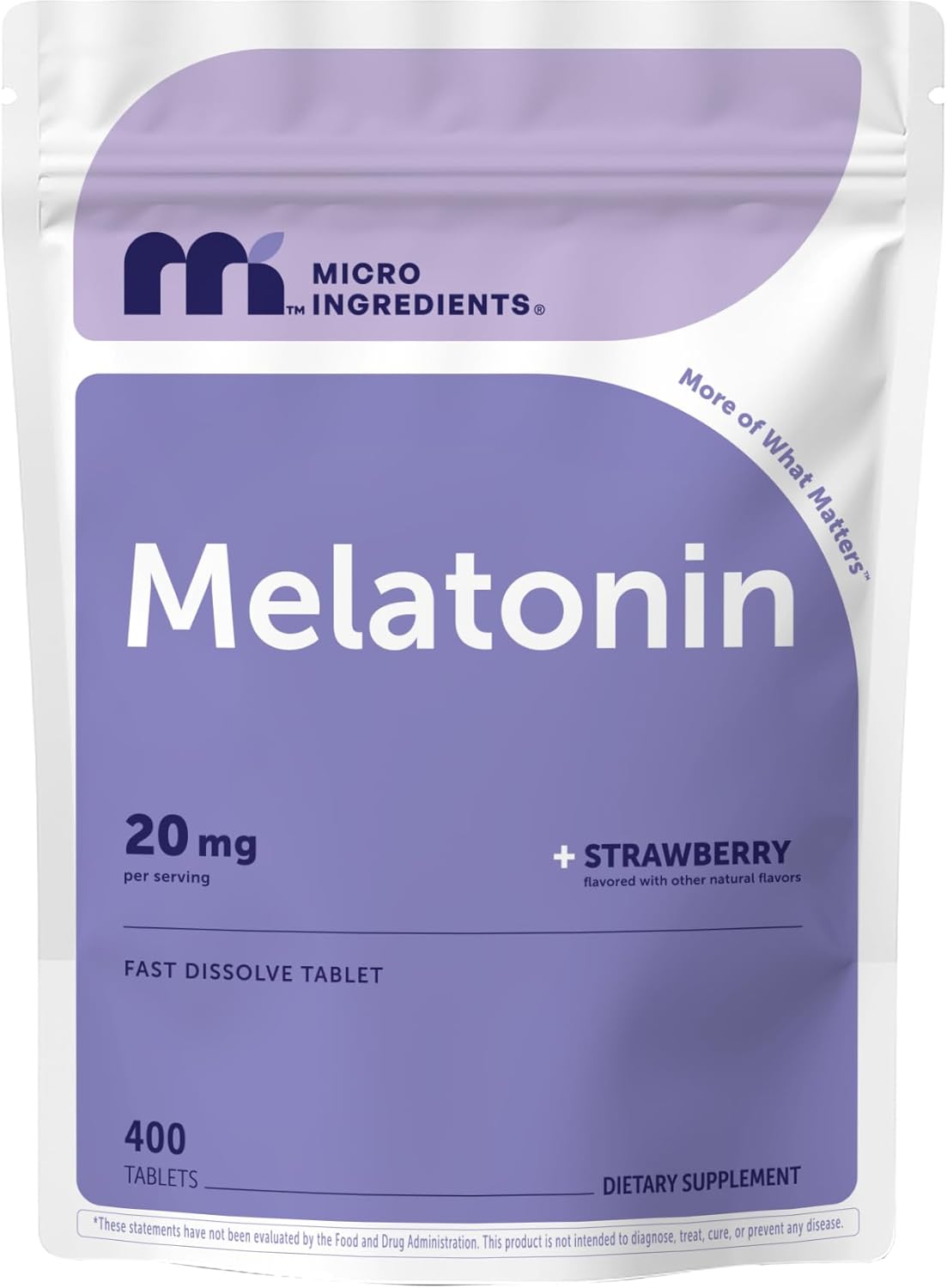 Micro Ingredients Melatonin 20mg, 400 Tablets | Strawberry Flavor | Fast Dissolve | 100% Drug Free | Vegetarian Friendly | Non-GMO, No Gluten, Sugar Free