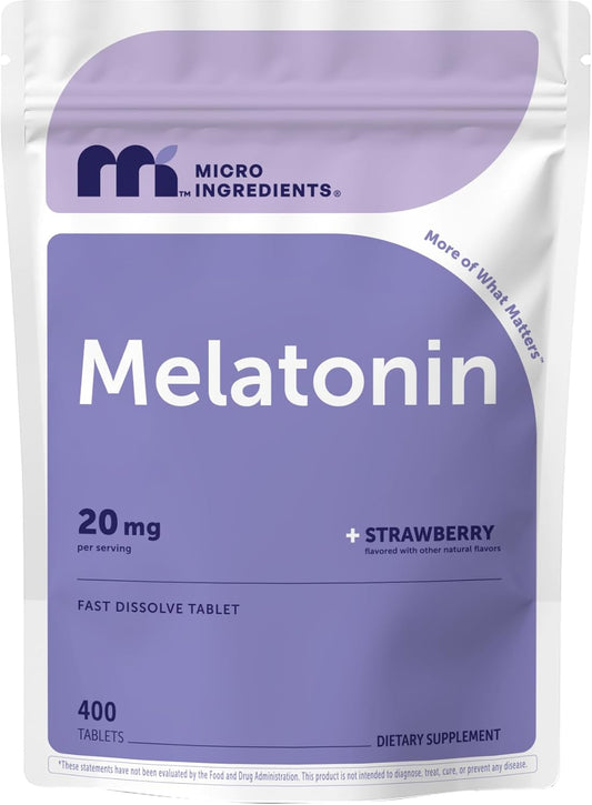 Micro Ingredients Melatonin 20mg, 400 Tablets | Strawberry Flavor | Fast Dissolve | 100% Drug Free | Vegetarian Friendly | Non-GMO, No Gluten, Sugar Free