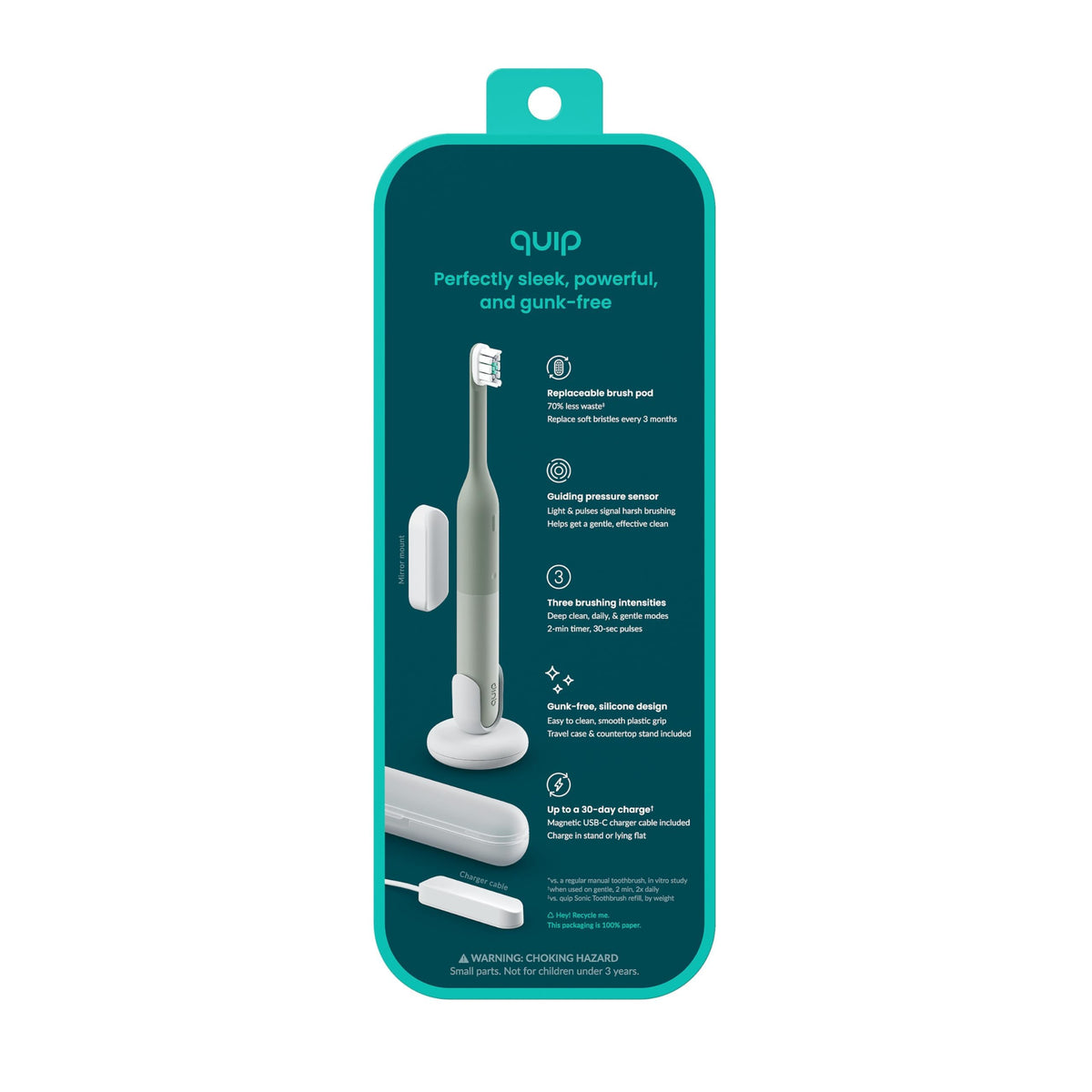 Quip Ultra Lite Sonic Electric Toothbrush, 3 Modes, Mirror Mount, Ash