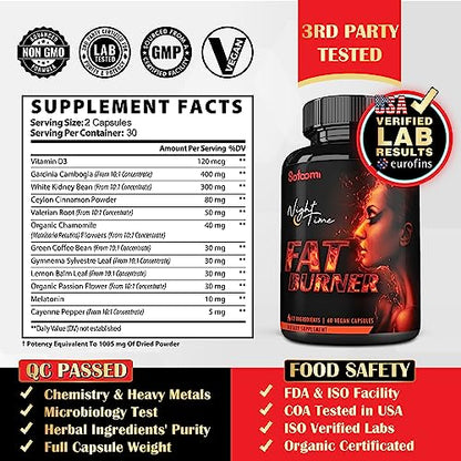 12in1 Night Time Fat Burner for Women - VitaminD.3, Garcinia Cambogia, White Kidney Bean