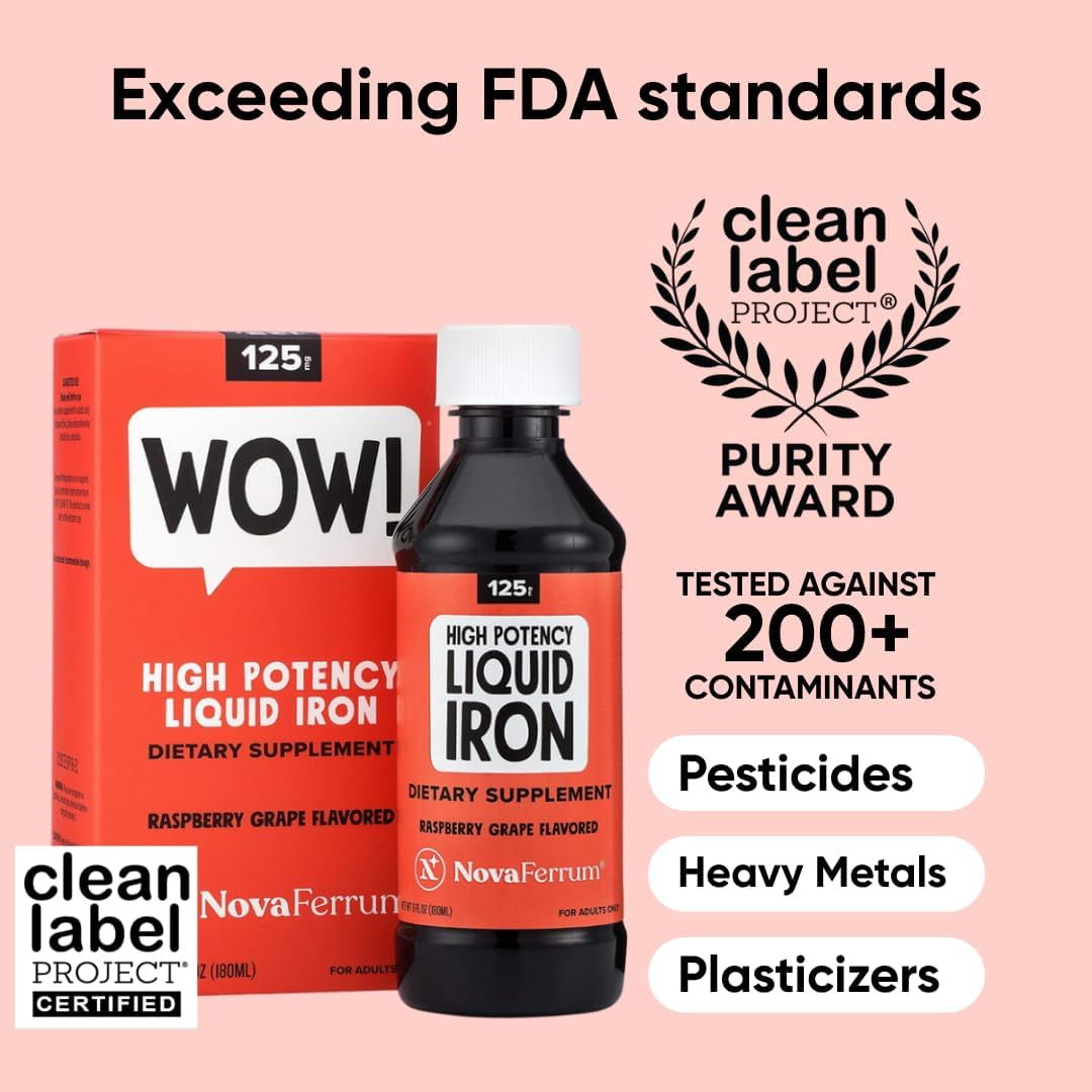 NovaFerrum Wow 125mg High Potency Liquid Iron Supplement for Adults | Vegan verified and gluten free certified, sugar-free formula for those managing low iron levels every single day | 6 Fl Oz