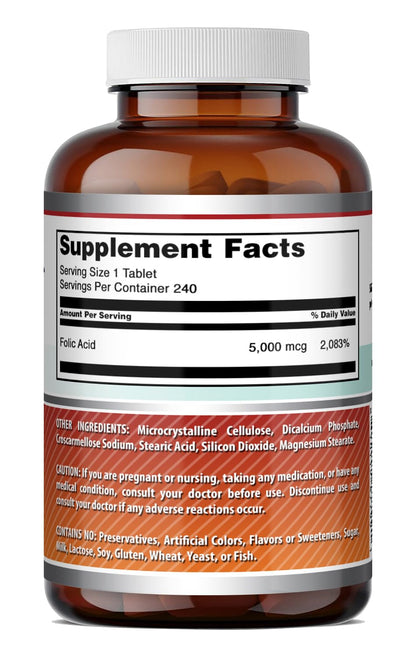 Amazing Formulas Folic Acid 5000 Mcg per Serving | Tablets Supplement | Non-GMO | Gluten-Free | Made in USA (1 Pack | 120 Count)