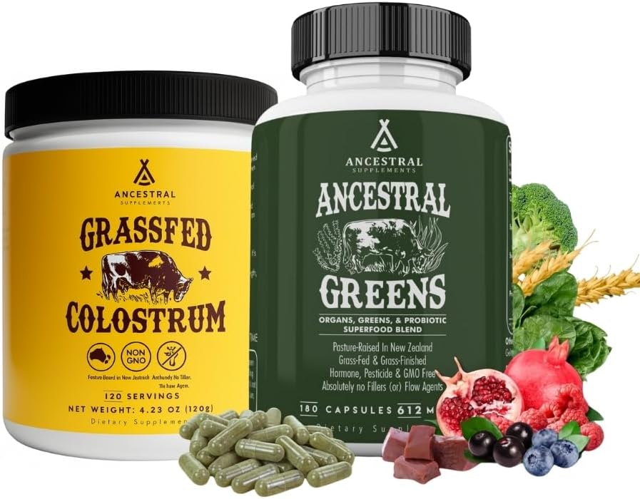 Ancestral Supplements Colostrum Bundle & Greens - Organic Superfood Greens & Reds Blend with Spirulina, Chlorella, Grass Fed Beef Organs, and Probiotics for Gut Health – Grass Fed, Pasture Raised MUL