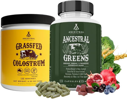 Ancestral Supplements Colostrum Bundle & Greens - Organic Superfood Greens & Reds Blend with Spirulina, Chlorella, Grass Fed Beef Organs, and Probiotics for Gut Health – Grass Fed, Pasture Raised MUL