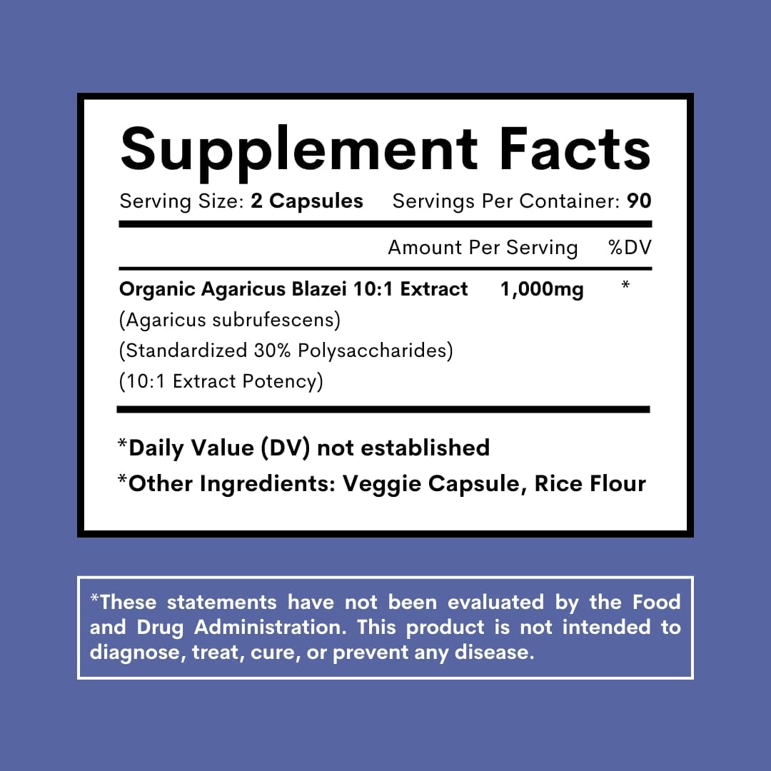 Agaricus Blazei Organic Mushroom Extract for Immune & Energy Support - 30% Polysaccharides & 180 Veggie Capsules - Non-GMO, Gluten-Free, Vegan-Friendly Supplement