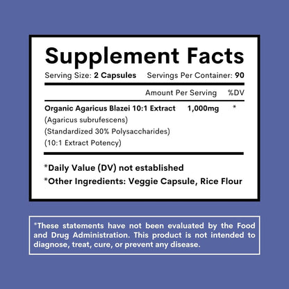 Agaricus Blazei Organic Mushroom Extract for Immune & Energy Support - 30% Polysaccharides & 180 Veggie Capsules - Non-GMO, Gluten-Free, Vegan-Friendly Supplement