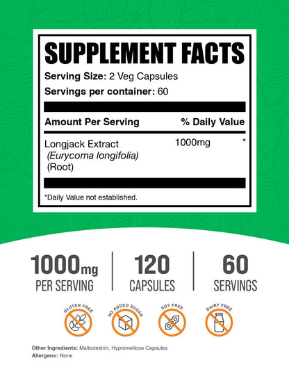 BulkSupplements.com Longjack Extract Capsules - Tongkat Ali Extract, Tongkat Ali Supplement - Vegan-Friendly, 120 Veg Capsules (Pack of 1)