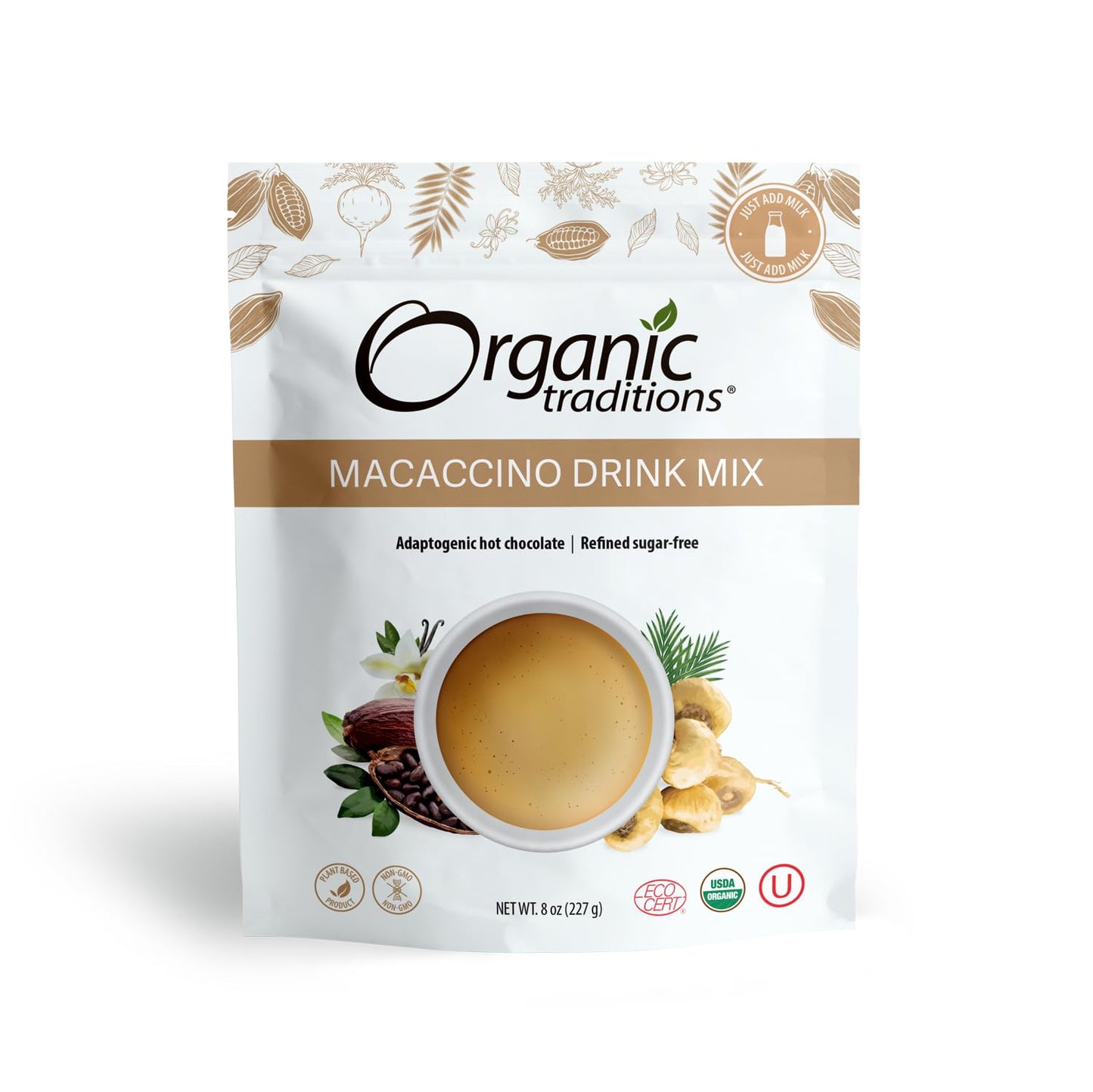Organic Traditions Macaccino Superfood Blend, Maca Root Powder with Cacao and Coconut Palm Sugar, Coffee Alternative Drink Mix for Hot or Iced Lattes Smoothies Recipes, Plant Based Powder, 227g / 8oz