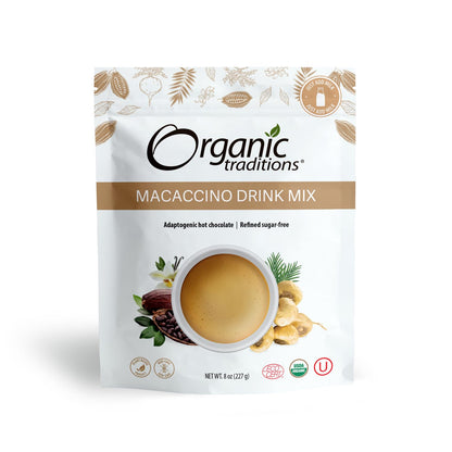 Organic Traditions Macaccino Superfood Blend, Maca Root Powder with Cacao and Coconut Palm Sugar, Coffee Alternative Drink Mix for Hot or Iced Lattes Smoothies Recipes, Plant Based Powder, 227g / 8oz