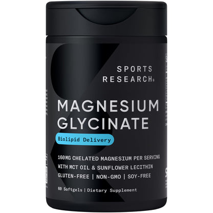 Sports Research® Magnesium Glycinate - Supports Restful Sleep & Enzymatic Processes - 160 mg Chelated Magnesium - Vegan Capsule - 90 Count