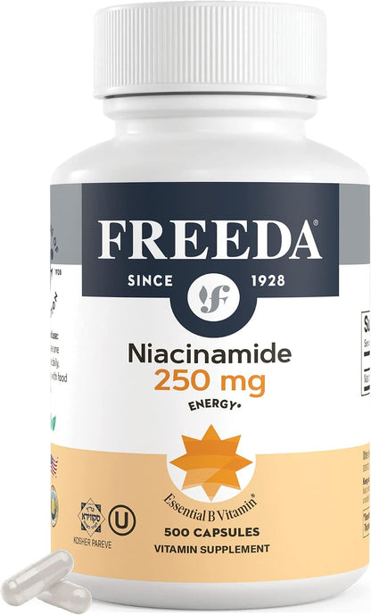 FREEDA 250mg Niacinamide & Vitamin B3 Supplement - 500 Capsules | Vegetarian Niacinamide Supplement with No-Flush Formula - Supporting Skin Health & Energy Metabolism