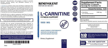 Benevolent L Carnitine Supplement - High Potency 1500mg L-Carnitine Tartrate - Fast Absorbing, Convert Fat to Energy, Support Lean Muscle, Boost Workout Performance & Metabolism – 120 Vegan Capsules