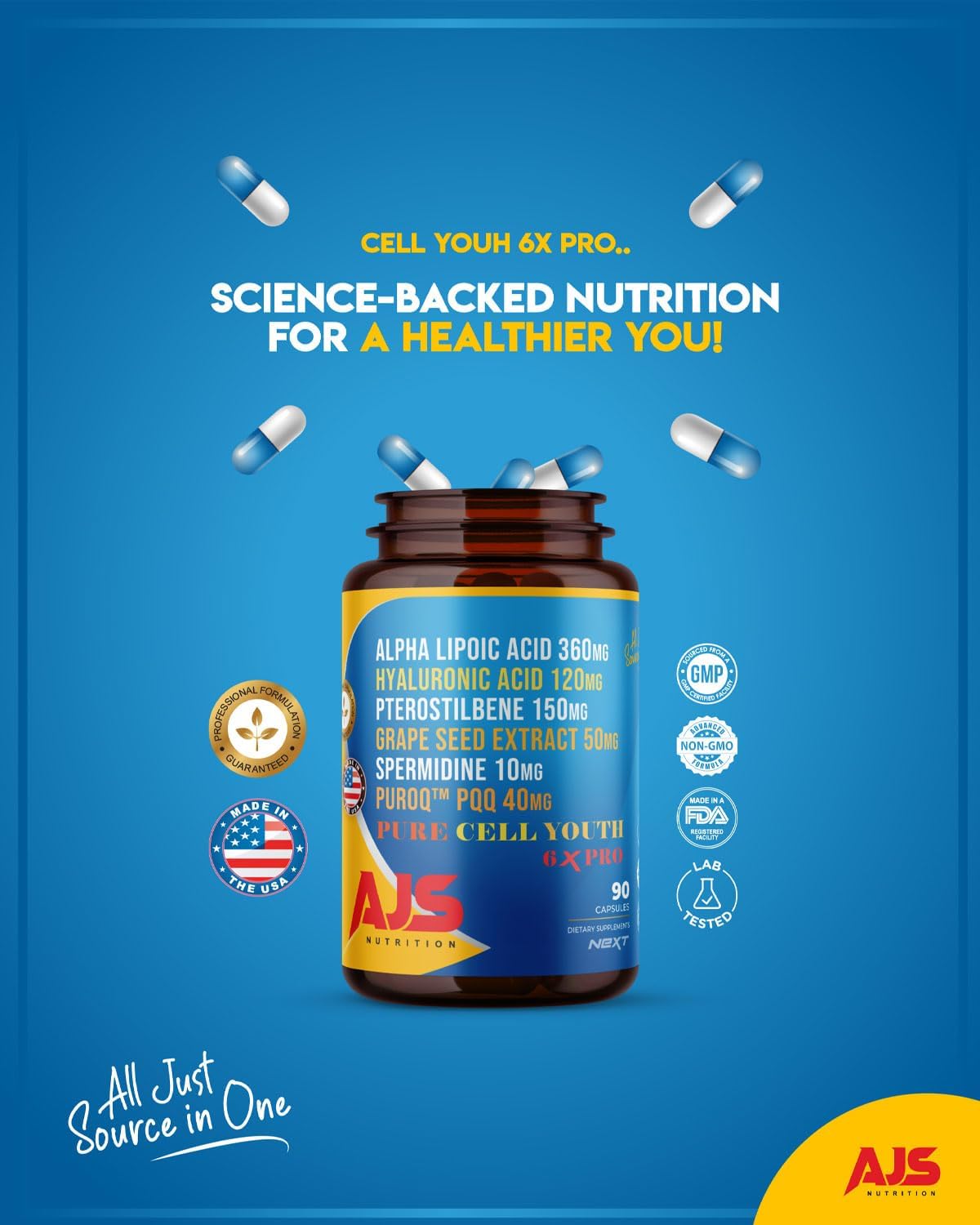 AJS Pure Cell Youth 6X PRO, PQQ, R-Lipoic Acid & Spermidine, 90 Capsules With Pterostilbene, Sodium Hyaluronate & Grape Seed Extract, Dietary Supplement