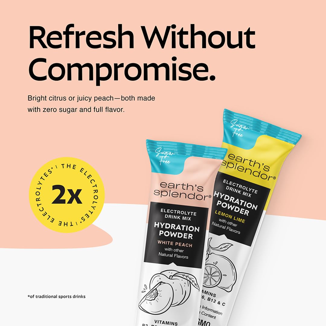 Earth's Splendor Electrolytes Powder Packets Sugar Free White Peach Hydration Sticks with Essential Vitamins for Energy & Sports Performance Travel-Friendly Single-Serve Packets for Daily Use 10 Pack