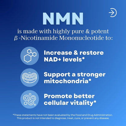 NMN 750mg Per Capsule - 99% Pure Nicotinamide Mononucleotide - Increased NAD+, Mitochondrial Function, Healthy Aging, Brain Health & Energy Support - 60 Capsules, Non GMO, Gluten Free Supplement