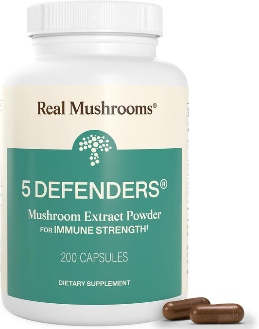 Real Mushrooms 5 Defenders Mushroom Complex – Organic Adaptogenic Mushroom Blend with Chaga, Reishi, Turkey Tail, Maitake & Shiitake for Wellness Support - Mushroom Beta Glucan Capsules - 200 Count