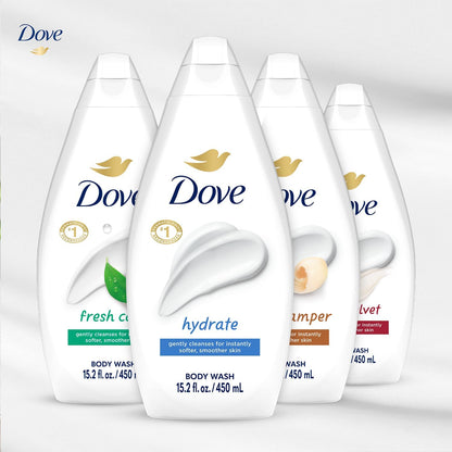Dove Moisturizing Body Wash, Variety 6-Pack, 15.2 Oz Ea | Hydrate 2-Pack + Gentle Pamper, Fresh Care, and Silky Velvet | Moisturizing Shower Gel Liquid, Instantly Replenish Dry Skin