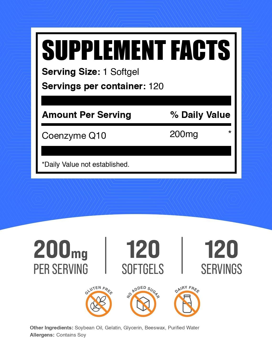 BulkSupplements.com CoQ10 200mg Softgels - for Heart Health, Coenzyme Q10 200mg Supplement, Gluten Free, 1 Softgel per Serving, 120 Count (Pack of 1)