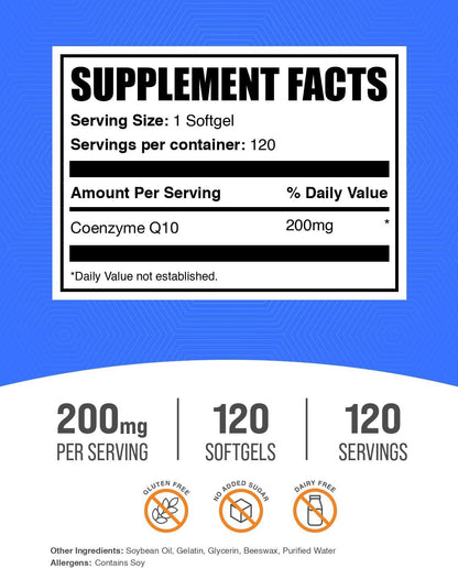 BulkSupplements.com CoQ10 200mg Softgels - for Heart Health, Coenzyme Q10 200mg Supplement, Gluten Free, 1 Softgel per Serving, 120 Count (Pack of 1)