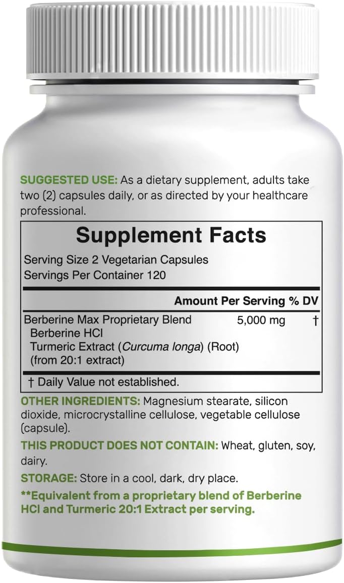 DEAL SUPPLEMENT Berberine Max Supplement with Turmeric, 5000 mg** Per Serving, 240 Vegetarian Capsules | Berberine HCl with Turmeric Root Extract | Non-GMO
