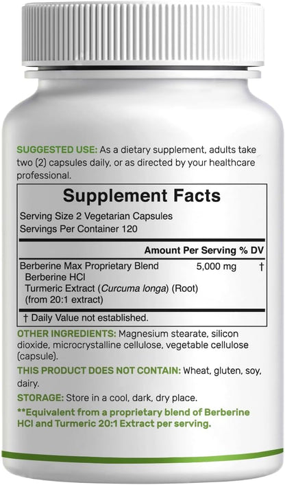 DEAL SUPPLEMENT Berberine Max Supplement with Turmeric, 5000 mg** Per Serving, 240 Vegetarian Capsules | Berberine HCl with Turmeric Root Extract | Non-GMO
